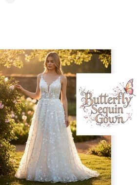 Ivory a line whimsical prom dress with 3-D butterflies and sequins size 4-6